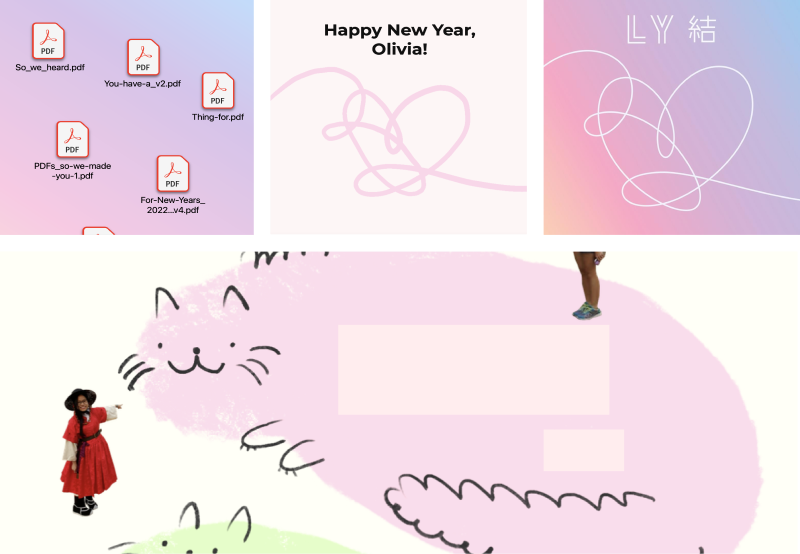 Screenshot of the PDF featuring a pastel-colored theme inspired by the BTS album, Love Yourself: Answer and cats.