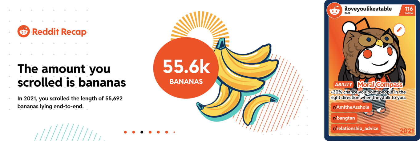 Reddit recap: Scrolled the total length equivalent to 55k bananas. Reddit 'ability' is 'Moral Compass'.